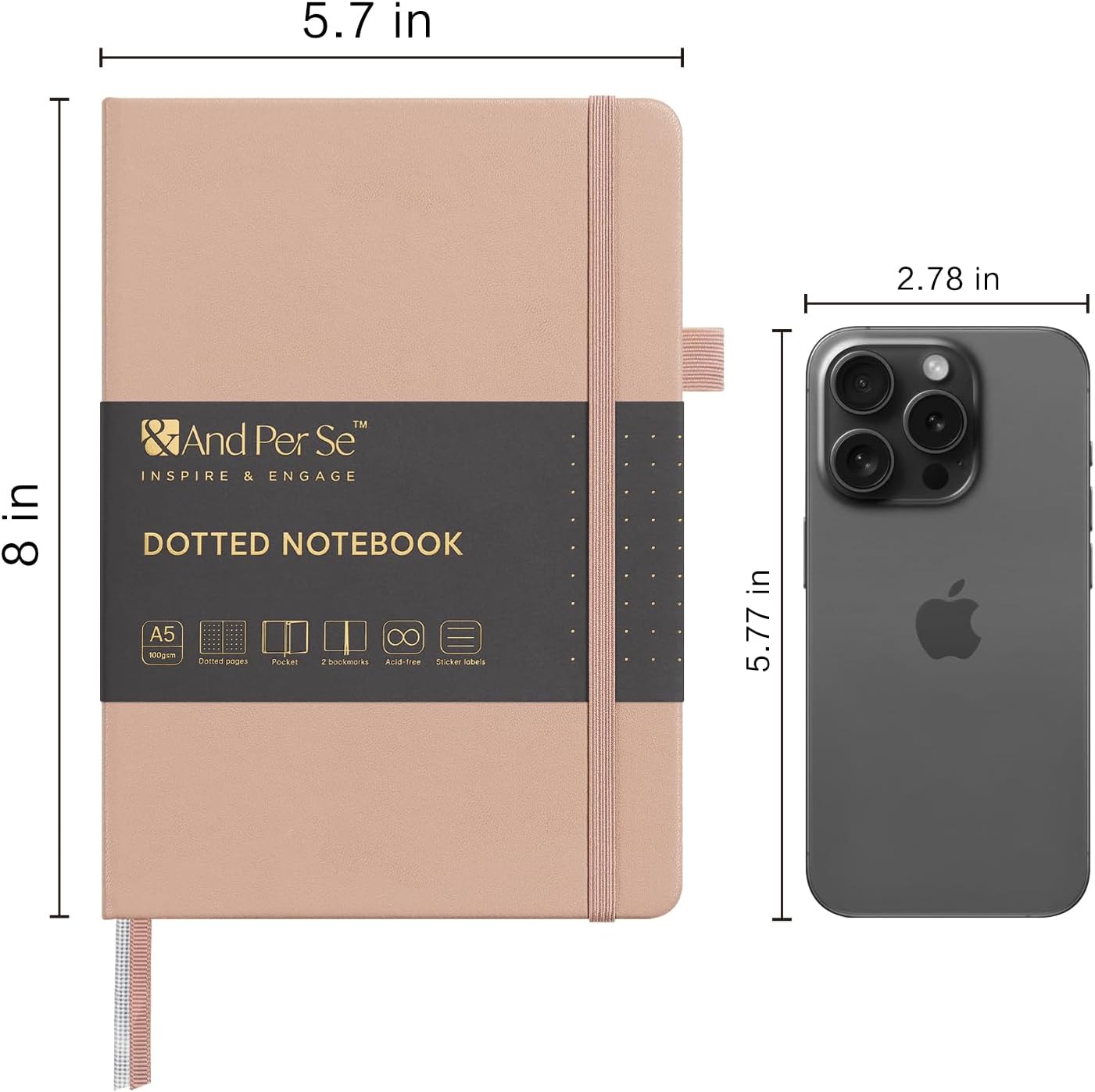 &And Per Se Dotted Journal Notebook, A5 Hardcover Leather Bullet Dotted Journal, 160 Pages 100 gsm Thick Dotted Paper，3 Sheets of Stickers Included - 5.7'' x 8''（Apricot）