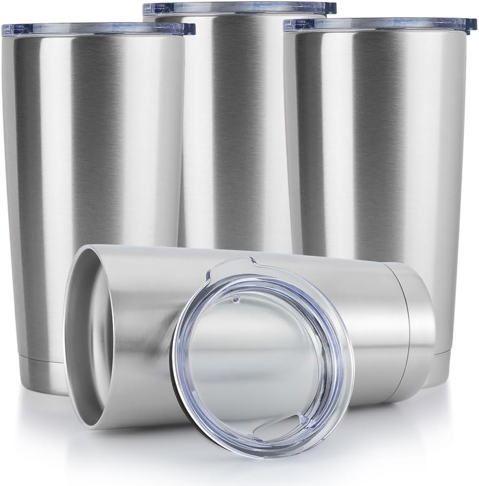DOMICARE 20oz Stainless Steel Tumbler Bulk with Lid, Double Wall Vacuum Insulated Travel Mug, Powder Coated Coffee Cup, Stainless Steel, 4 Pack