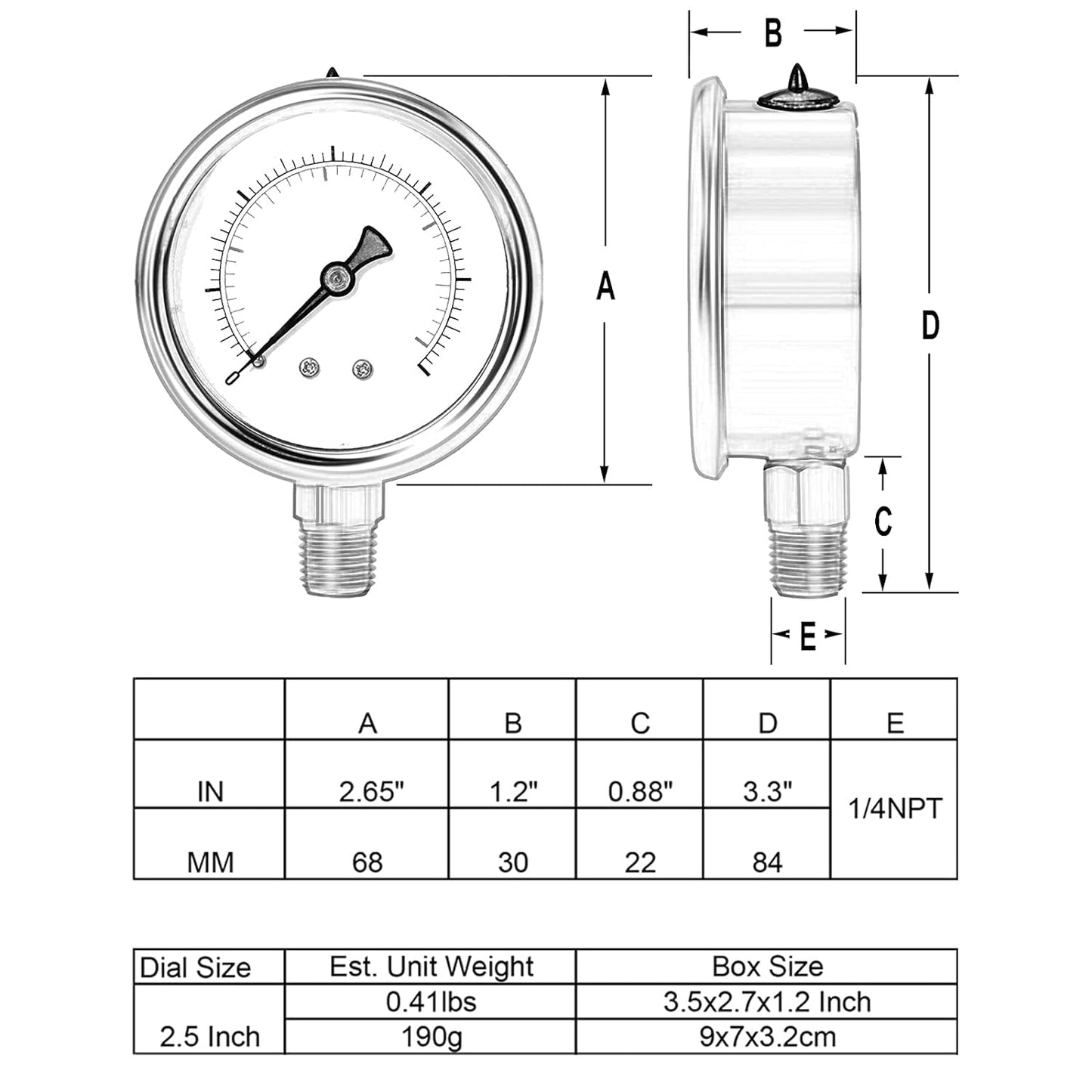 Glycerin Filled Vacuum Pressure Gauge, 2-1/2" Clear dial,1/4" NPT Bottom Connection, Stainless Steel Case, Brass Movement, Dual Scales -30HG/30PSI