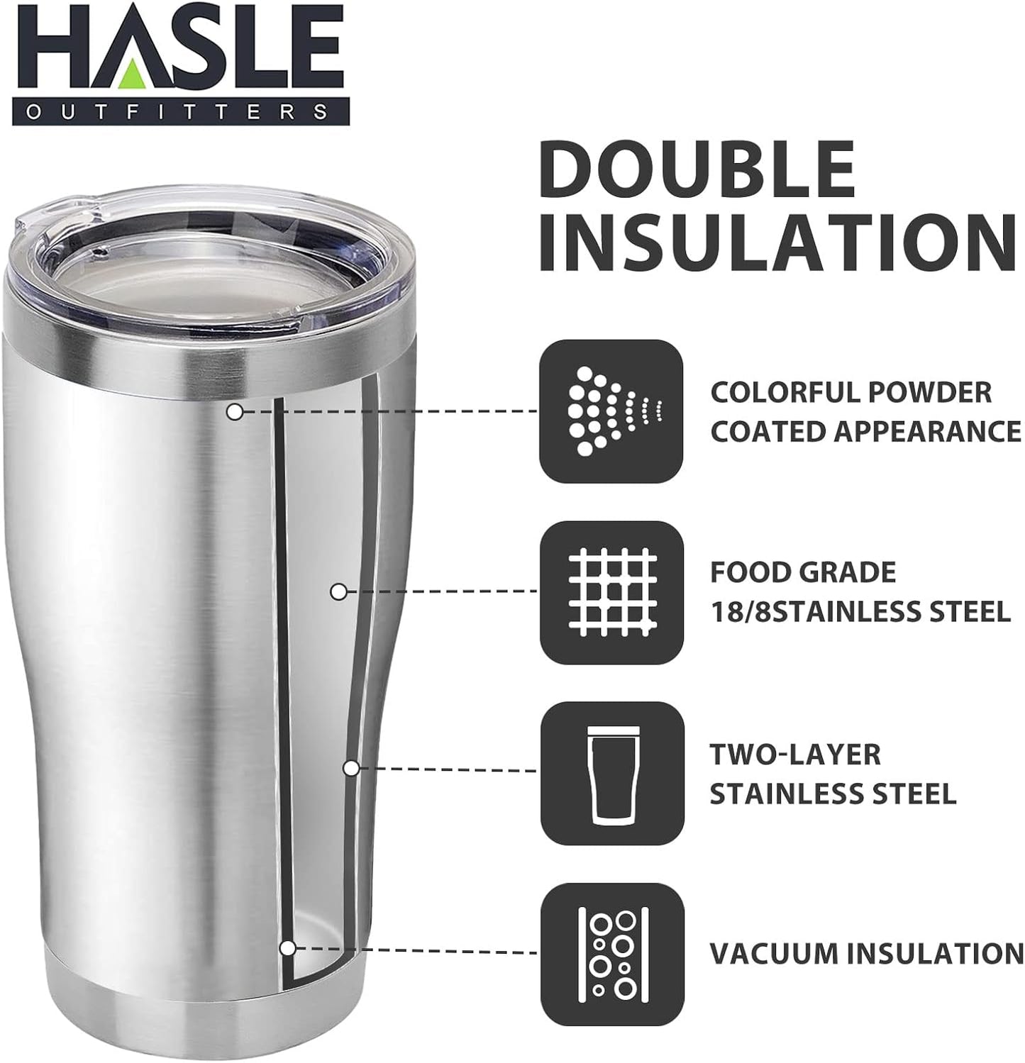 HASLE OUTFITTERS 20 oz Tumbler Bulk, Stainless Steel Tumblers with Lid, Vacuum Insulated Tumbler, Double Wall Tumbler Cup, coffee mugs, Stainless Steel, 1 Pack