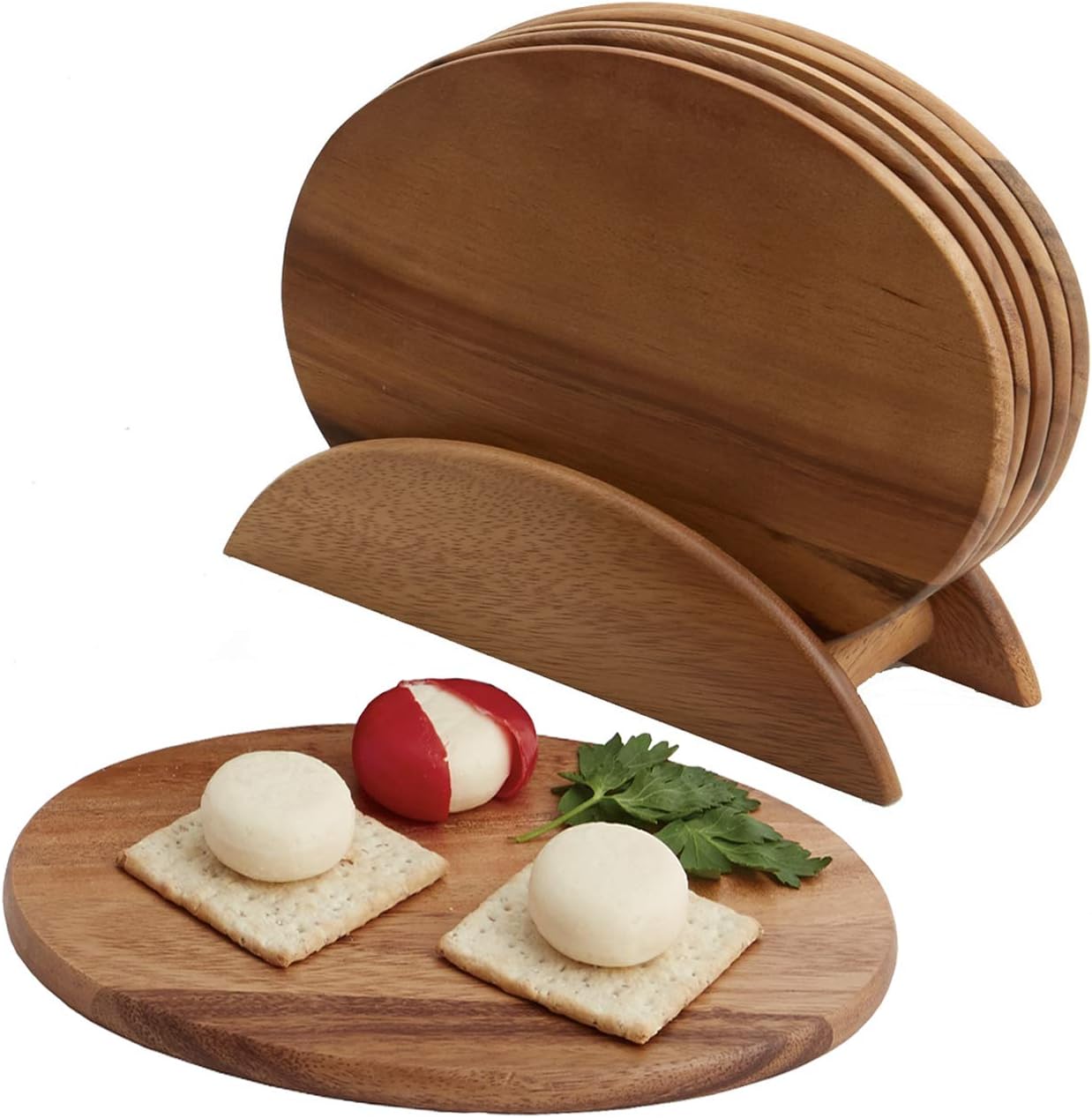 6 Acacia Wood Serving Boards with Stand, Perfect for Serving, Sushi, Cheese, Hors d'oeuvre, Charcuterie, Sandwiches by Woodard & Charles, 7 Piece Set, 9 1/2" x 6 1/2" ★★PACK OF 10★★