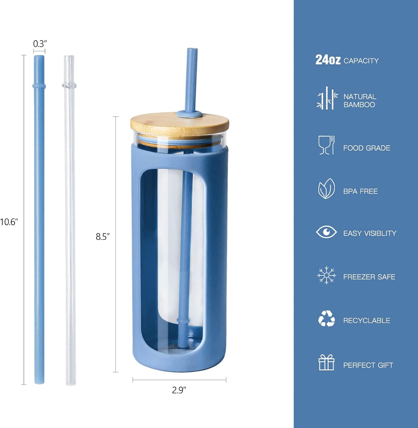 Kodrine 20oz Glass Tumbler with Straw and Lid, Iced Coffee Cups with Bamboo Lids, Glass Cups for Cold Drinks, Smoothie Cup with Silicone Sleeve for Travel, Work, BPA FREE-DodgerBlue