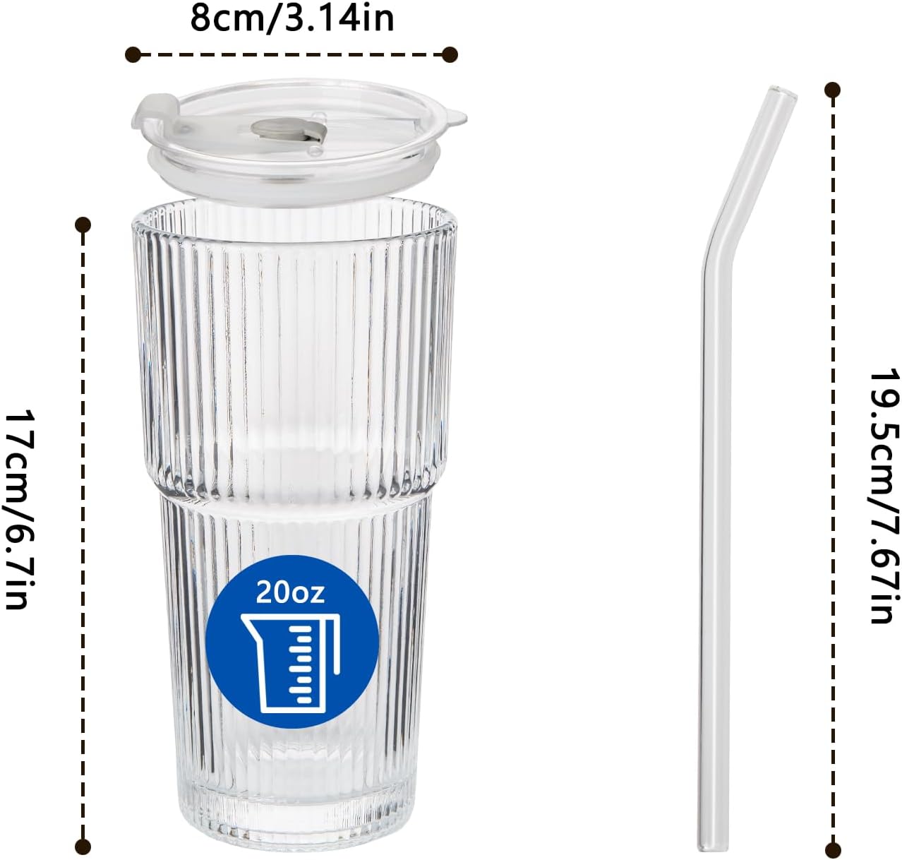 20oz Ribbed Glass Cups with Lids and Straws 2 Set, Vintage Glassware for Whiskey Cocktail Beer, Glass Tumbler, Iced Coffee Cups For Cold Drinks, Smoothie, Juice,Drinking (6)