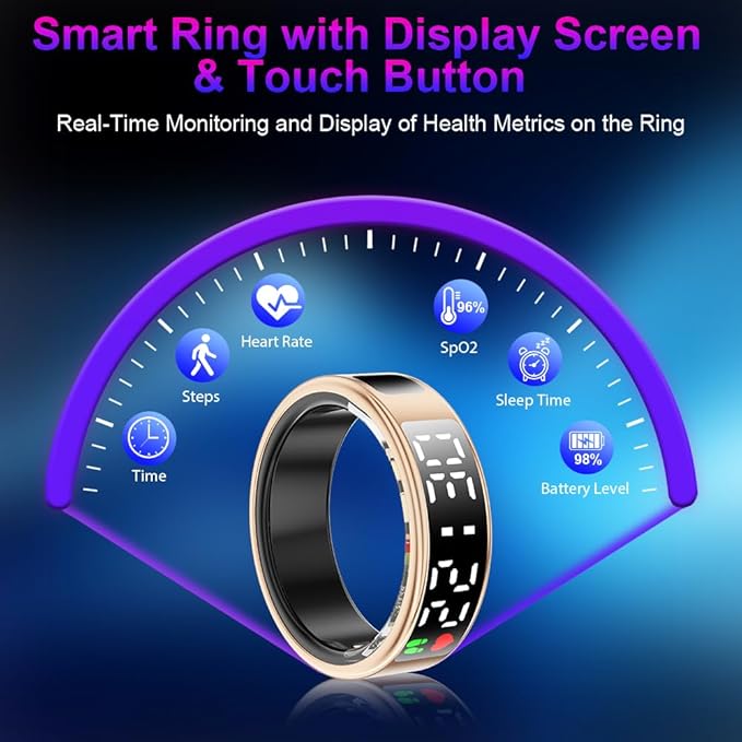 Smart Ring Health Tracker with Display Screen & Touch Button, Bluetooth Connection Health Ring for Women Men, Tracks Heart Rate/Blood Oxygen/Sleep/Steps/Sports Activities, IP68 Waterproof