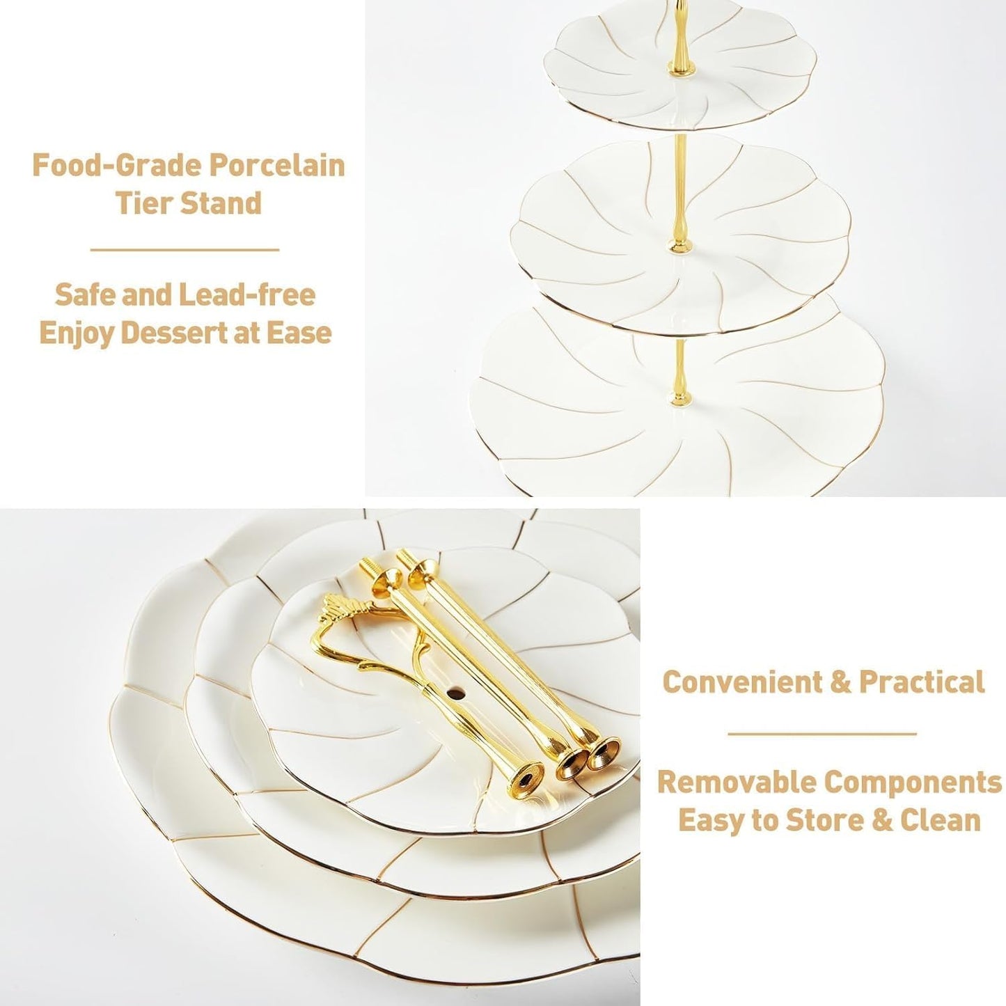 DUJUST Luxury Larger 3-Tier Cupcake Stand Tower, British Style Porcelain Serving Tray with Golden Trim, Food Grade Dessert Display Stand for Tea Party & Home Décor - 45% Larger Plates