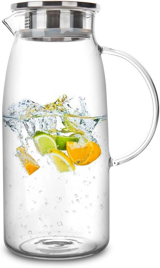 60 Ounces Glass Pitcher with Lid, Hot/Cold Water Jug, Juice and Iced Tea Beverage Carafe