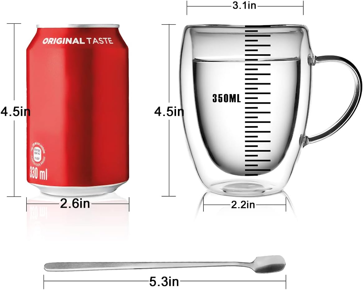 LIBWYS 2 Pack Double Walled Coffee Cups Glasses Mugs, 12oz Espresso Cappuccino Latte Tea Cups with Handle, Heat Resistant Borosilicate Clear Glasses 350ml