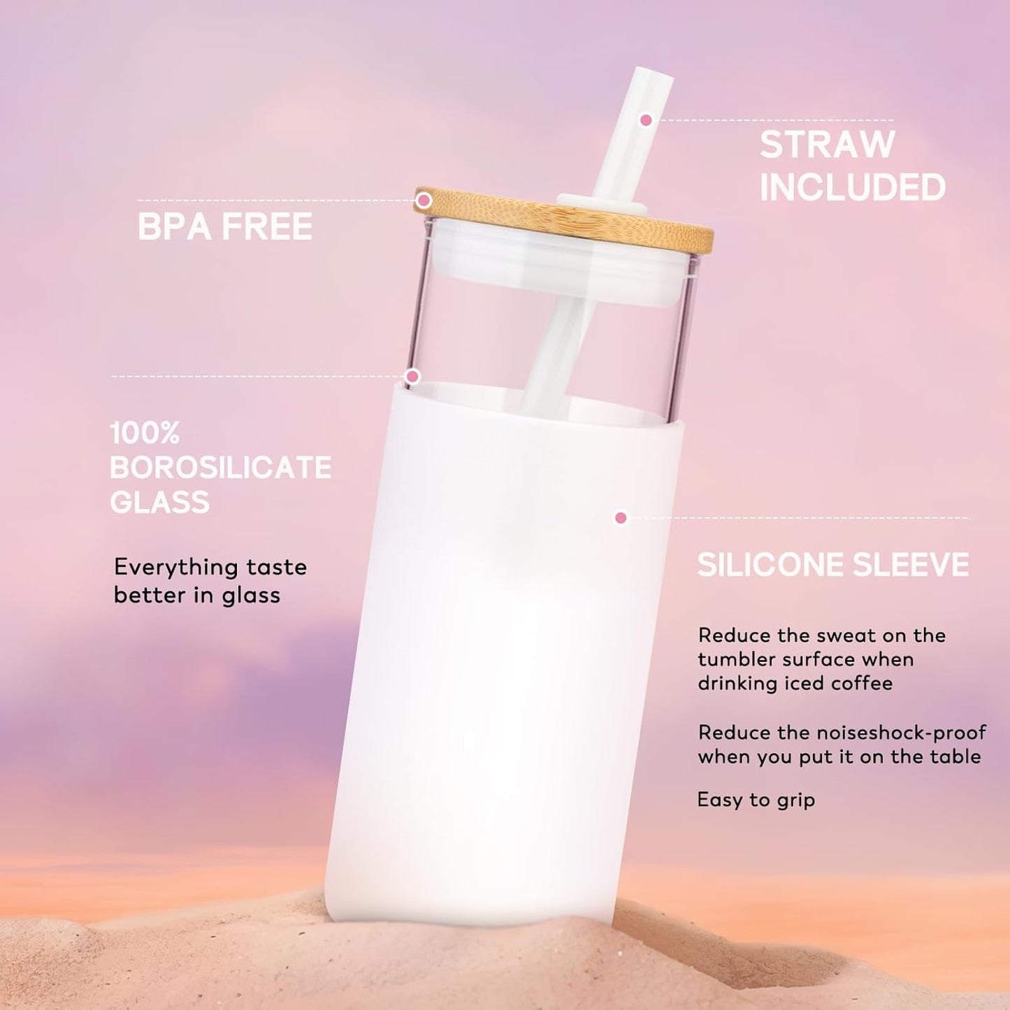 Tronco 20 oz Glass Tumbler with Lid and Straw, Reusable Iced Coffee Cup with Silicone Sleeve & Bamboo Lid, Smoothie Cup for Home, Office, for Father Men Day Gift from Wife Daughter Son (Coffee)