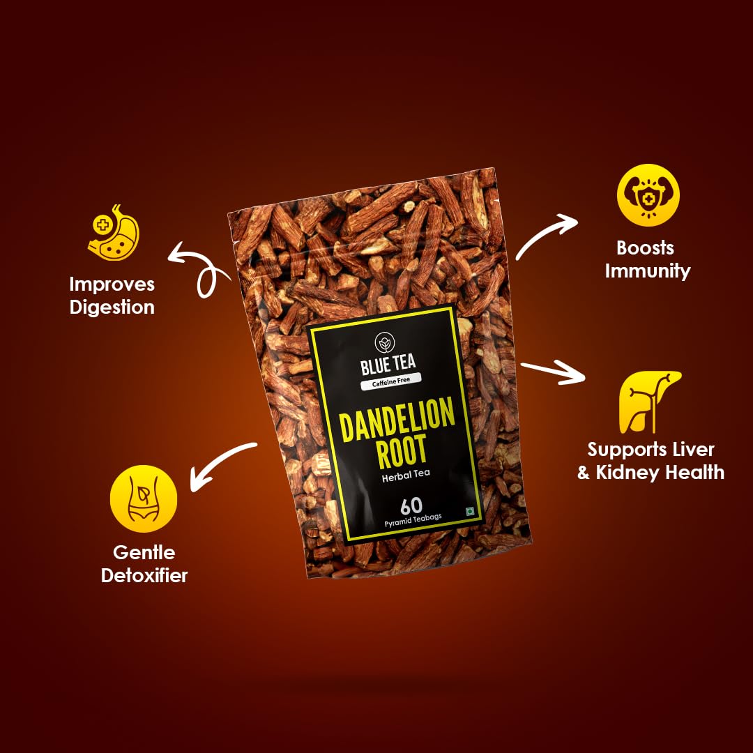 BLUE TEA - Dandelion Root Tea - 60 Count - Pyramid Plant Based Tea Bag | Support Kidney Function and Healthy Digestion | Detox Tea | Herbal Tea - Caffeine Free - Non-Bitter - Mild Flavor | Zipper Pack
