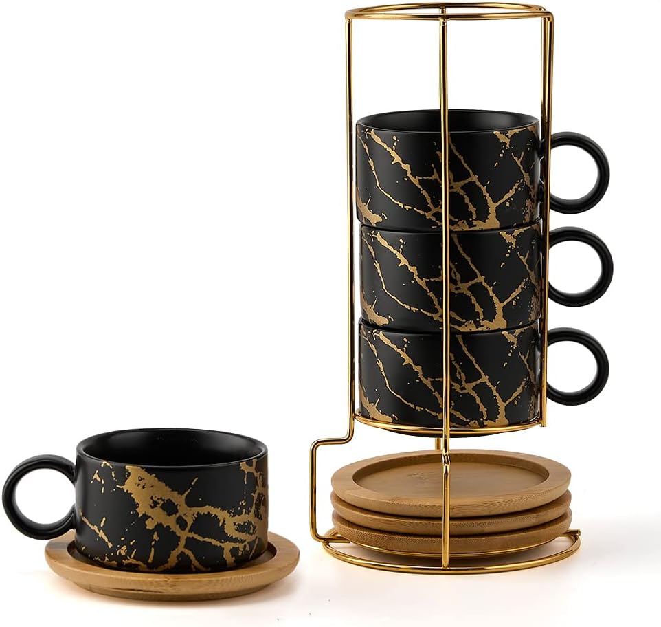 LUKA Porcelain Espresso Cup with Metal Stand, 6 Ounce Stackable Ceramic Demitasse Espresso Mugs Cappuccino Cups Set for Latte,Coffee,Cafe Mocha,Tea(Set of 4,Black)