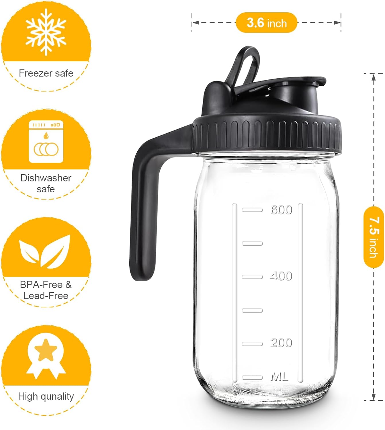 Mason Jar Pitcher, 32 OZ 2 Pack Glass Pitcher with Lid Double Leak-proof with Handle Water Jug Wide Mouth Breast Milk Pitcher Fridge Container for Water, Juice, Iced Coffee, Tea, Juice - Black+Grey