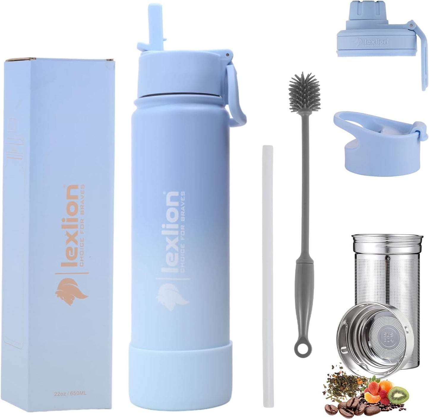 Lexlion Tea Infuser Water Bottle 22 Oz, Triple Walled Insulated Stainless Steel Bottle, Thermal Fruit Leaf Infuser, Silicone Sleeve, 3 Lids Leakproof, Metal Mug Gallon