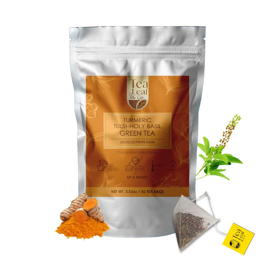 Turmeric Tulsi Tea Bags (50 Count), Green Tea with Turmeric & Peppermint, Stress Relieving, Low Caffeine Gluten Free, Whole Loose-Leaf Pyramid Tea Bags