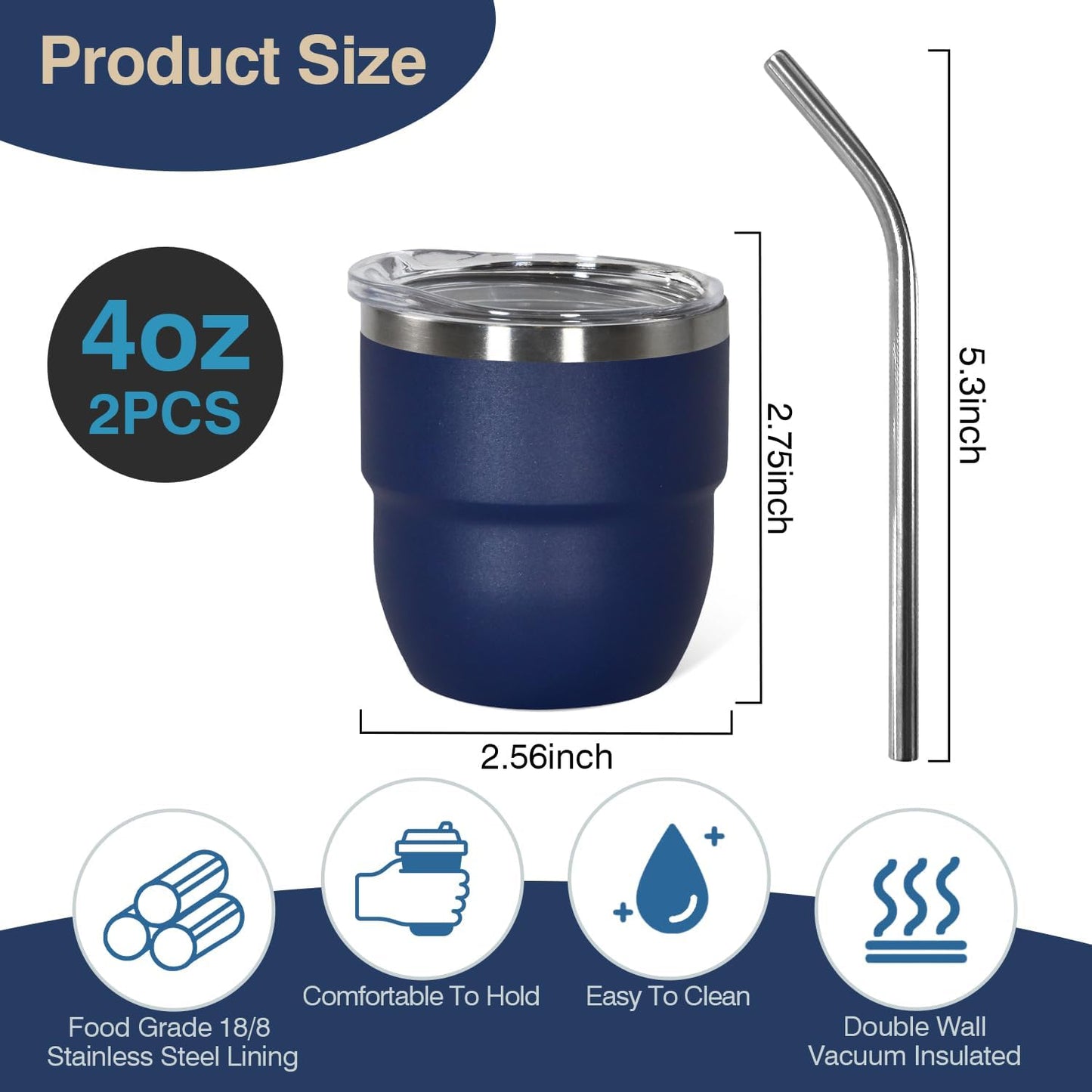 4oz Stackable Cup, Vacuum Insulated Espresso Cup Set of 2, Espresso Shot Glass for Coffee, Double Wall Stainless Steel Mini Tumbler Shot Glasses with Straw and Lid (A-navy2P, 4oz)