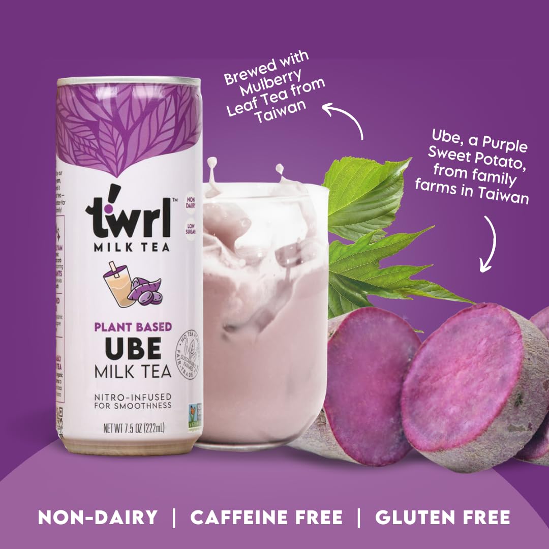 Twrl Milk Tea - Ube Milk Tea Made with Plant-Based Milk, Caffeine-Free, Low Sugar, Organic, Antioxidant-Rich and Nitro-Infused for Smooth Taste - 7.5 Ounce, Pack of 12