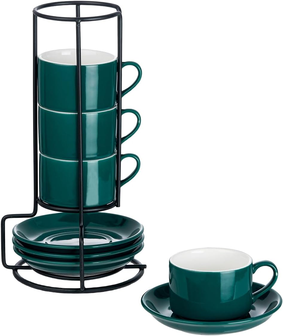 2.5oz Porcelain Stackable Espresso Cups with Saucers and Metal Stand Set of 4, Stackable Cappuccino Cups, Green Expresso Shots Cup Set for Coffee Drinks, Latte, Tea