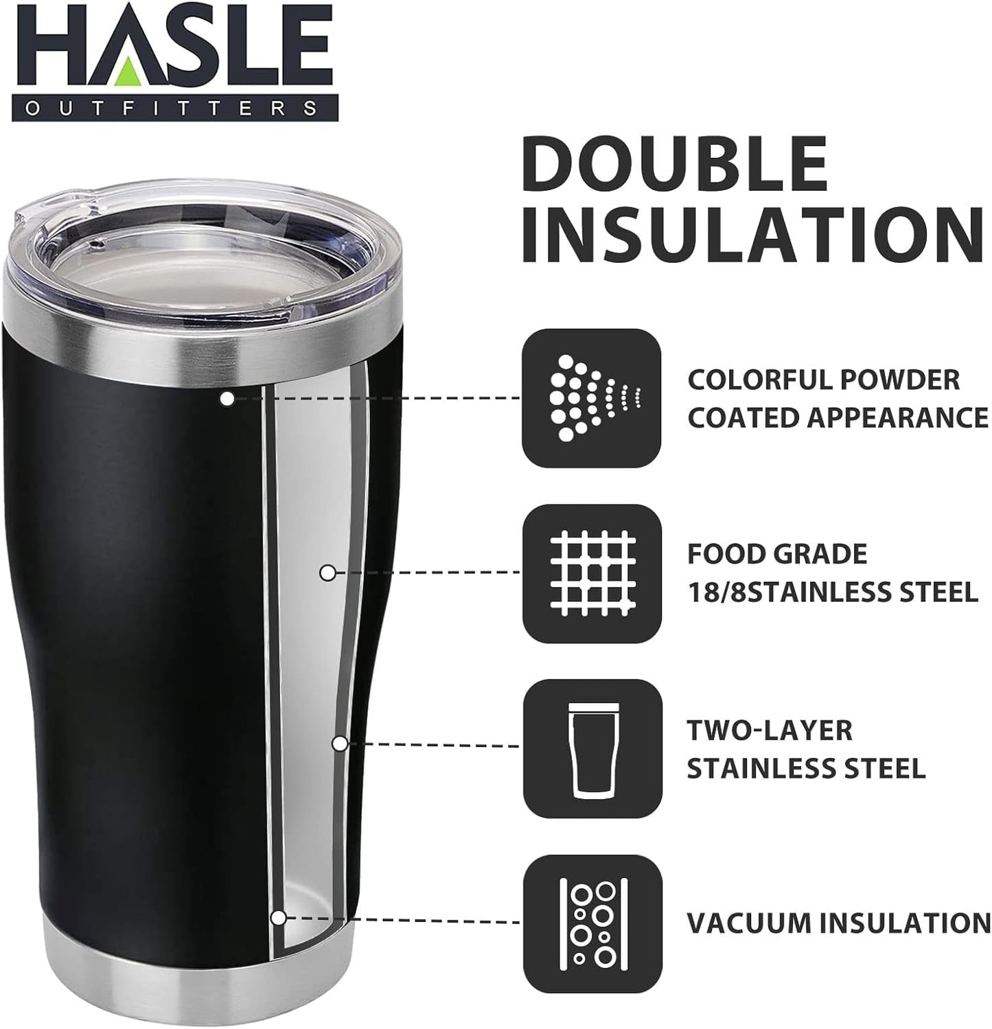 HASLE OUTFITTERS 20 oz Tumbler Bulk, Stainless Steel Tumblers with Lid, Vacuum Insulated Tumbler, Double Wall Tumbler Cup, coffee mugs, Black, 6 Pack