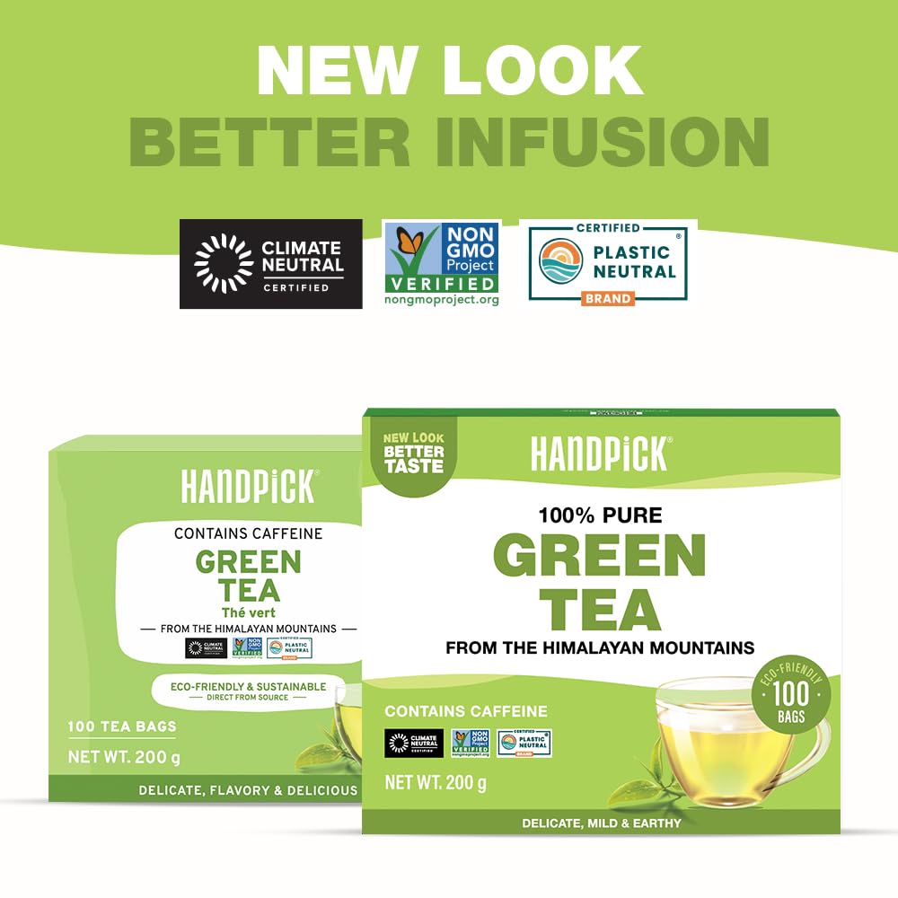 HANDPICK, Green Tea Bags - 100 Eco-Friendly Tea Bags | Resealable Pack for Freshness | Delicate & Flavory | Direct From India