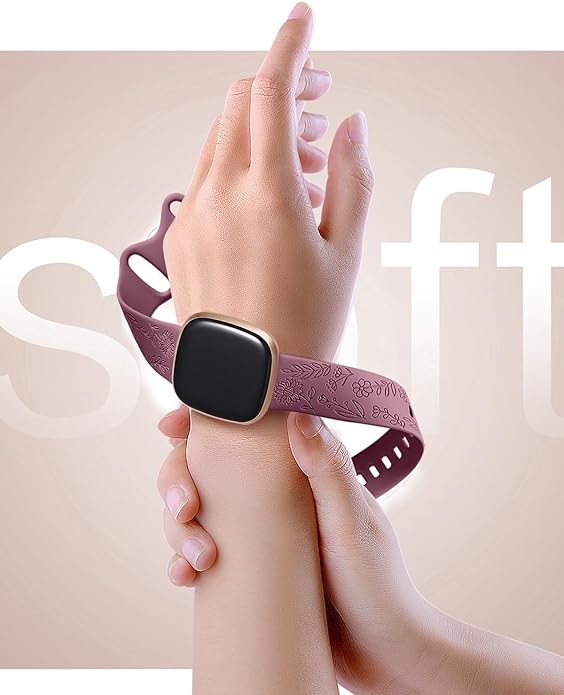 SNBLK 2 Pack Engraved Bands Only Compatible with Fitbit Versa 3/Fitbit Sense/Fitbit Versa 4/Fitbit Sense 2 Bands Four Models, Sunflower Rose Elegant Soft TPU Floral Pattern Replacement Strap Women