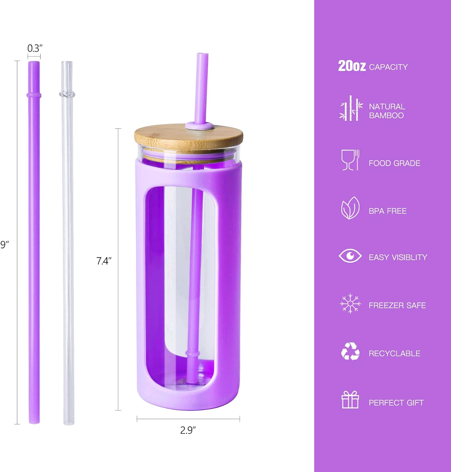 Kodrine 20oz Glass Tumbler with Straw and Lid, Iced Coffee Cups with Bamboo Lids, Glass Cups for Cold Drinks, Smoothie Cup with Silicone Sleeve for Travel, Work, BPA FREE-DarkPurple