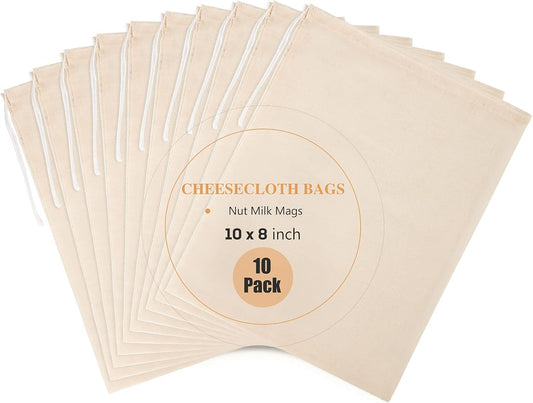 10 Pack Nut Milk Bag, 8‘’ x 10‘’Fine Mesh Grade Reusable Cheesecloth Bags Strainers, Unbleached Organic Cotton Filter Bags for Almond Milk, Juices, ColdBrew, Cheese, Tea, Yogurt, Coffee
