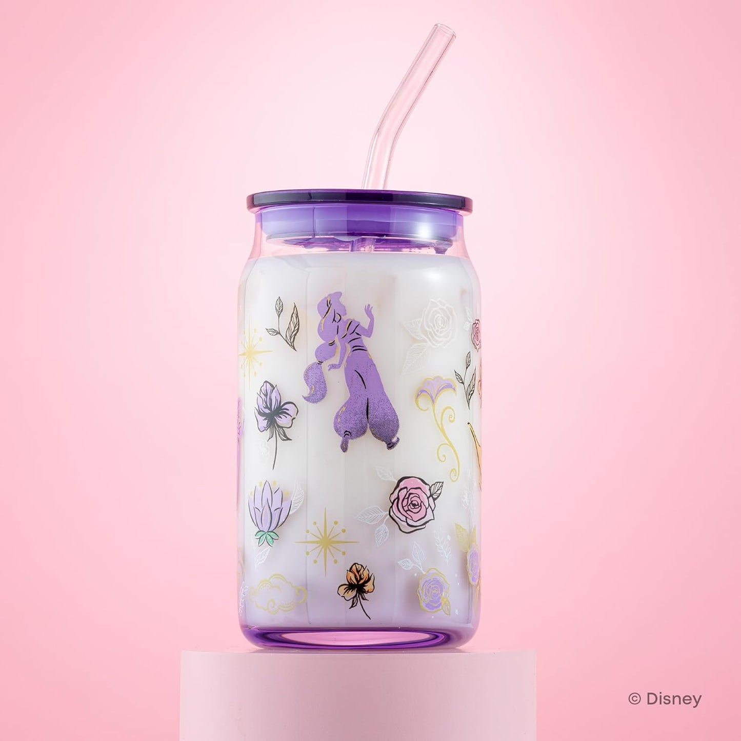 JoyJolt Disney Princess Icon Glass Tumblers with Lids and Straws, 16oz Glass Cups with Lids and Straws ft Princess Jasmine Ariel Cinderella Belle, 4pc Can Shaped Drinking Glasses, Iced Coffee Cups