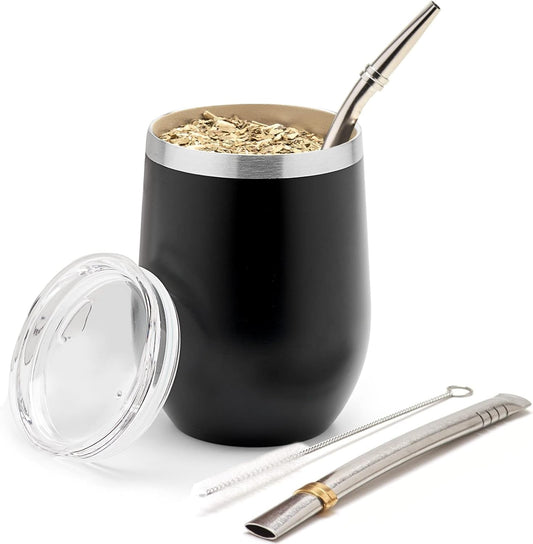 BALIBETOV 5 pcs large Yerba Mate Cup and Bombilla Kit, Includes one 12 oz Yerba Mate Gourd with Lid, Two Bombillas Mate Straw and one cleaning brush | Stainless steel | Double Walled