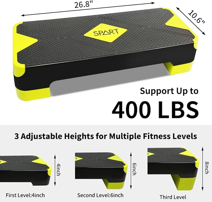 SPART Adjustable Workout Aerobic Stepper 4 Risers, 3 Levels 4" - 6" - 8", 26.77" 26.77" Trainer