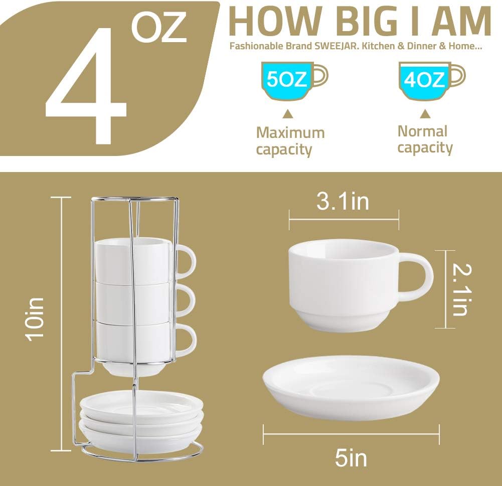 Sweejar Porcelain Espresso Cups with Saucers, 4 Ounce Stackable Cappuccino Cups with Metal Stand for Coffee Drinks, Latte, Tea - Set of 4 (Red)