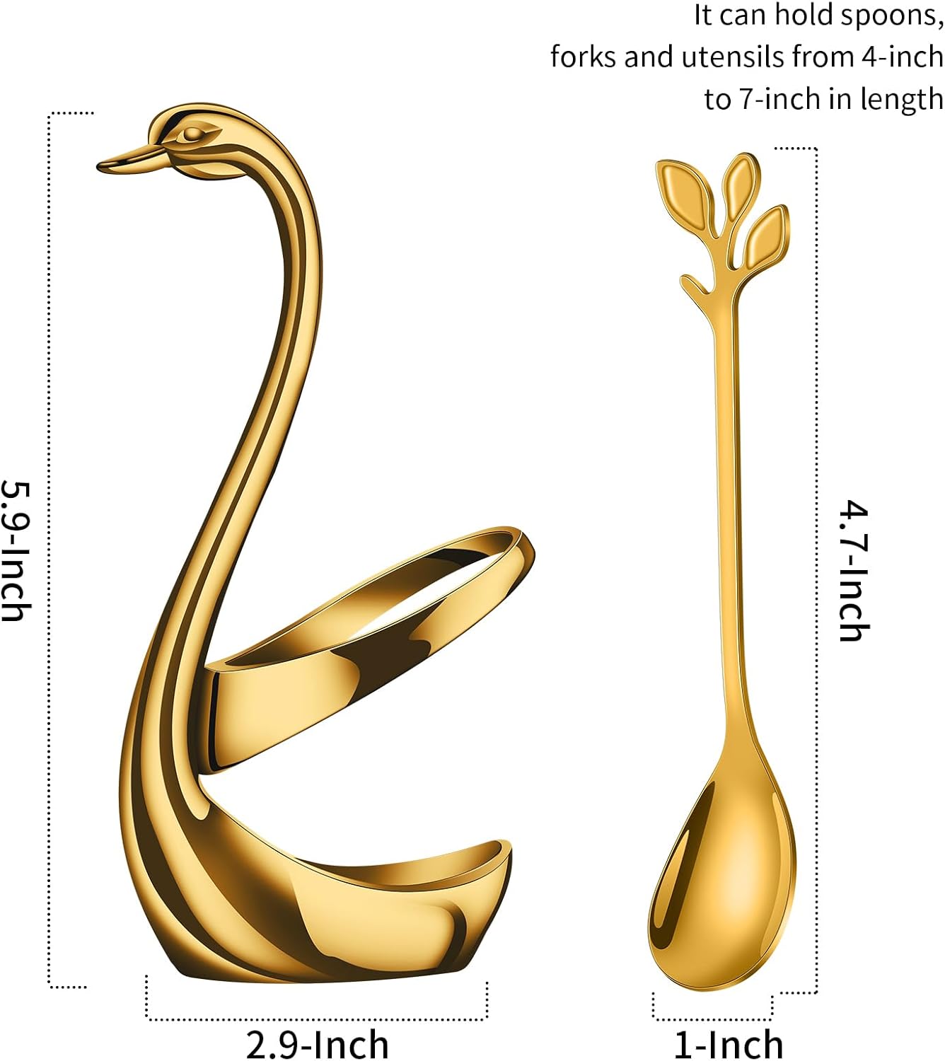 AnSaw Gold Small Coffee Spoon Holder Set,Swan Base With 10 Pcs Demitasse Espresso Spoons Set,4.7" Mini Leaf Dessert Spoon,Stainless Steel Tea Spoons