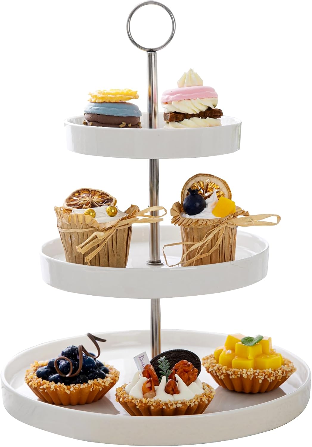 Sweese Porcelain 3-Tier Cupcake Stand - Elegant White Cake Stand for Desserts, Tiered Serving Tray for Parties, Weddings, Birthdays - Durable Stainless Steel Rods