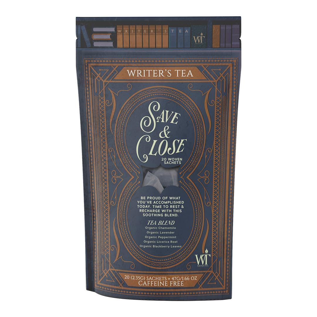 Writer's Tea Save & Close - Nighttime Tea - Chamomile, Lavender, Peppermint, Licorice Root, and Blackberry Leaves Tea Blend - Caffeine Free - 20 Woven Sachets