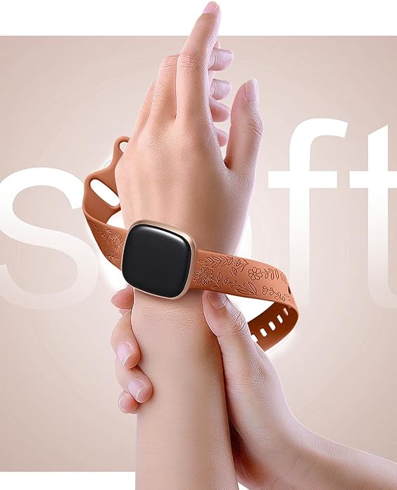 SNBLK 2 Pack Engraved Bands Only Compatible with Fitbit Versa 3/Fitbit Sense/Fitbit Versa 4/Fitbit Sense 2 Bands Four Models, Sunflower Rose Elegant Soft TPU Floral Pattern Replacement Strap Women