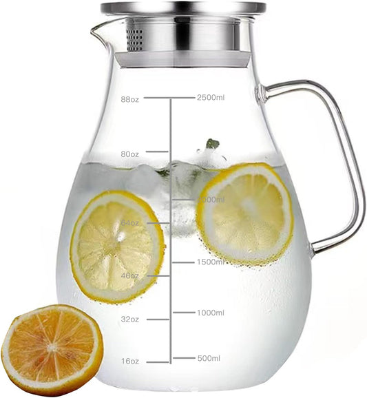 84.5oz Borosilicate Glass Teapot with 304 Stainless Steel Lid & Built-in Strainer, Stovetop & Microwave Safe Tea Kettle for Loose Leaf/Iced/Fruit/Herbal Tea, 2500ml Clear Pot