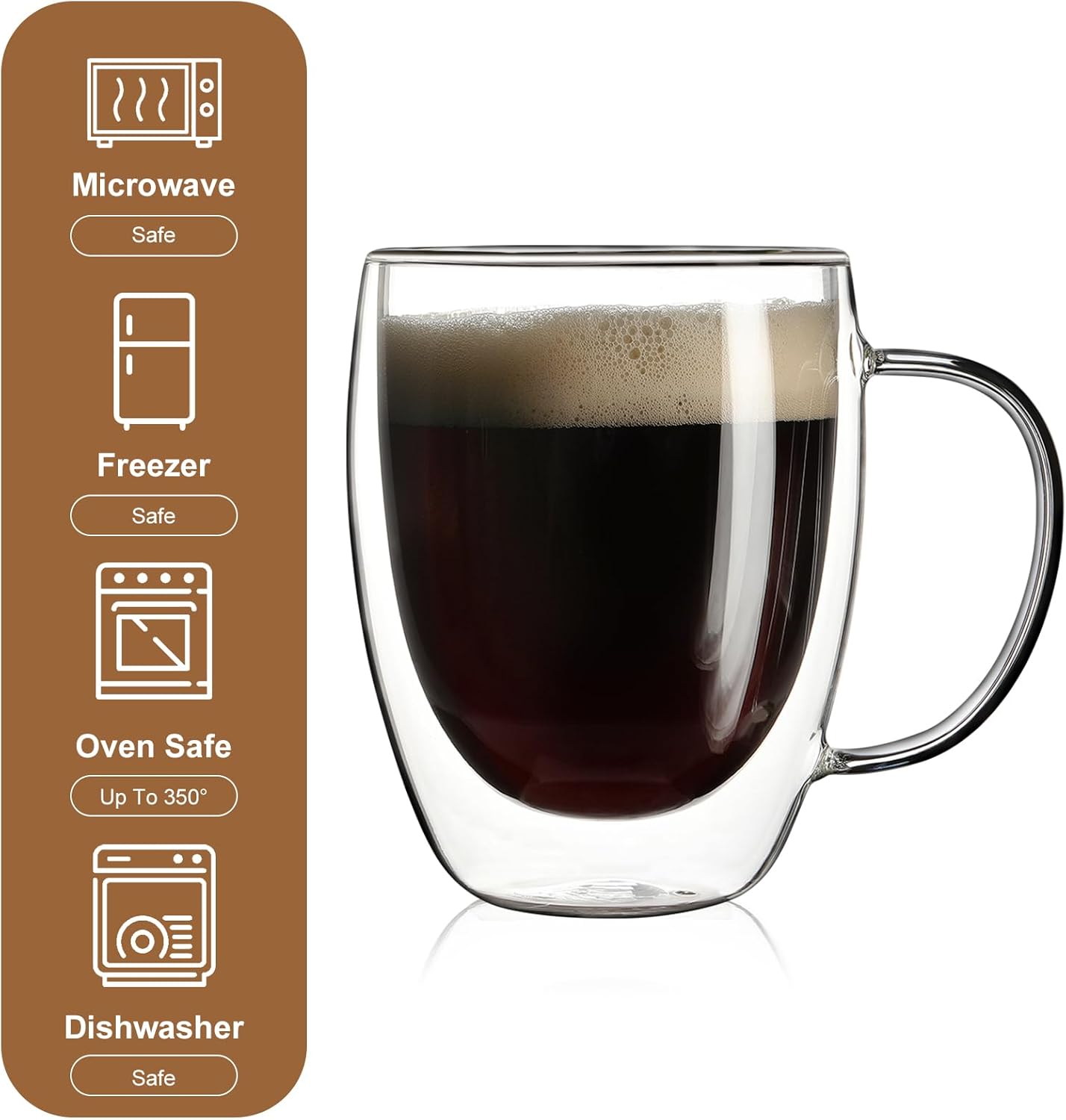 Aurzen 2 Pack Double Walled Glass Coffee Mugs with Handles, Large Insulated Layer Coffee Cups, 12oz Clear Borosilicate Mugs, Perfect for Cappuccino, Tea, Microwave Safe