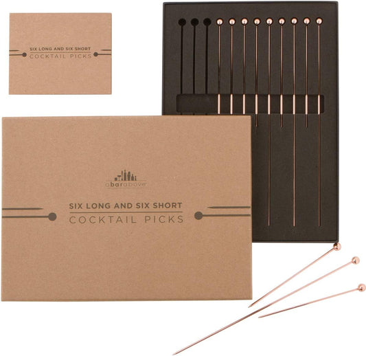 A Bar Above Antique Copper Cocktail Picks, 12 Reusable Metal Drink Garnish Sticks for Appetizers, Shrimp Cocktail, and Bloody Mary Skewers, 8-Inch Stainless Steel Stir Picks Combo