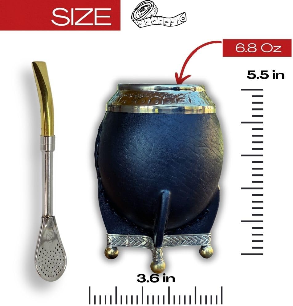 Hide & Smile Torpedo Premium Handmade Mate Kit, pumpkin and leather Cup And Bombilla Set, Authentic Argentine Mate Gourd Tea, Includes Straw, Souvenir from Argentina, Original Design (Black)