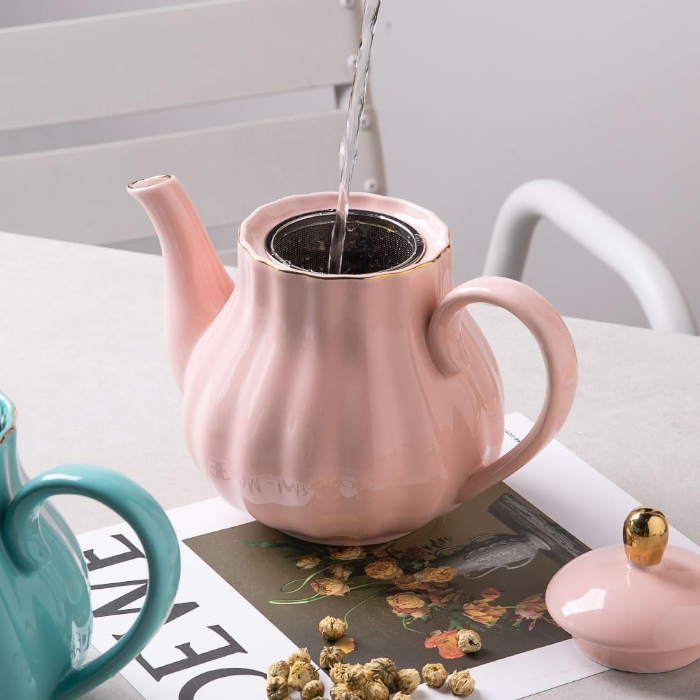 Sweejar Royal Teapot, Ceramic Tea Pot with Removable Stainless Steel Infuser, Blooming & Loose Leaf Teapot - 40 Ounce (Pink)