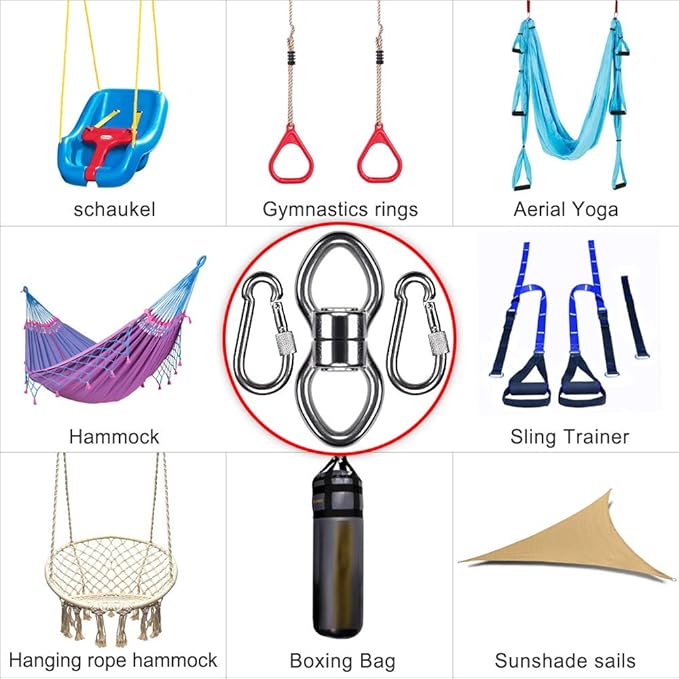 SELEWARE Silent Bearing Swing Swivel with 2 Carabiners, 360° Rotational Device Hanging Accessory for Tree Swing, Hammock Chair, Yoga,1200LB Capacity