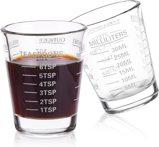 Shot Glasses Measuring Cup Set 2PACK Espresso Shot Glasses Liquid Heavy Glass 26-Incremental Measurement 1 OZ, 2 TBS, 6 TSP, 30 ML Kitchen Tools (White)