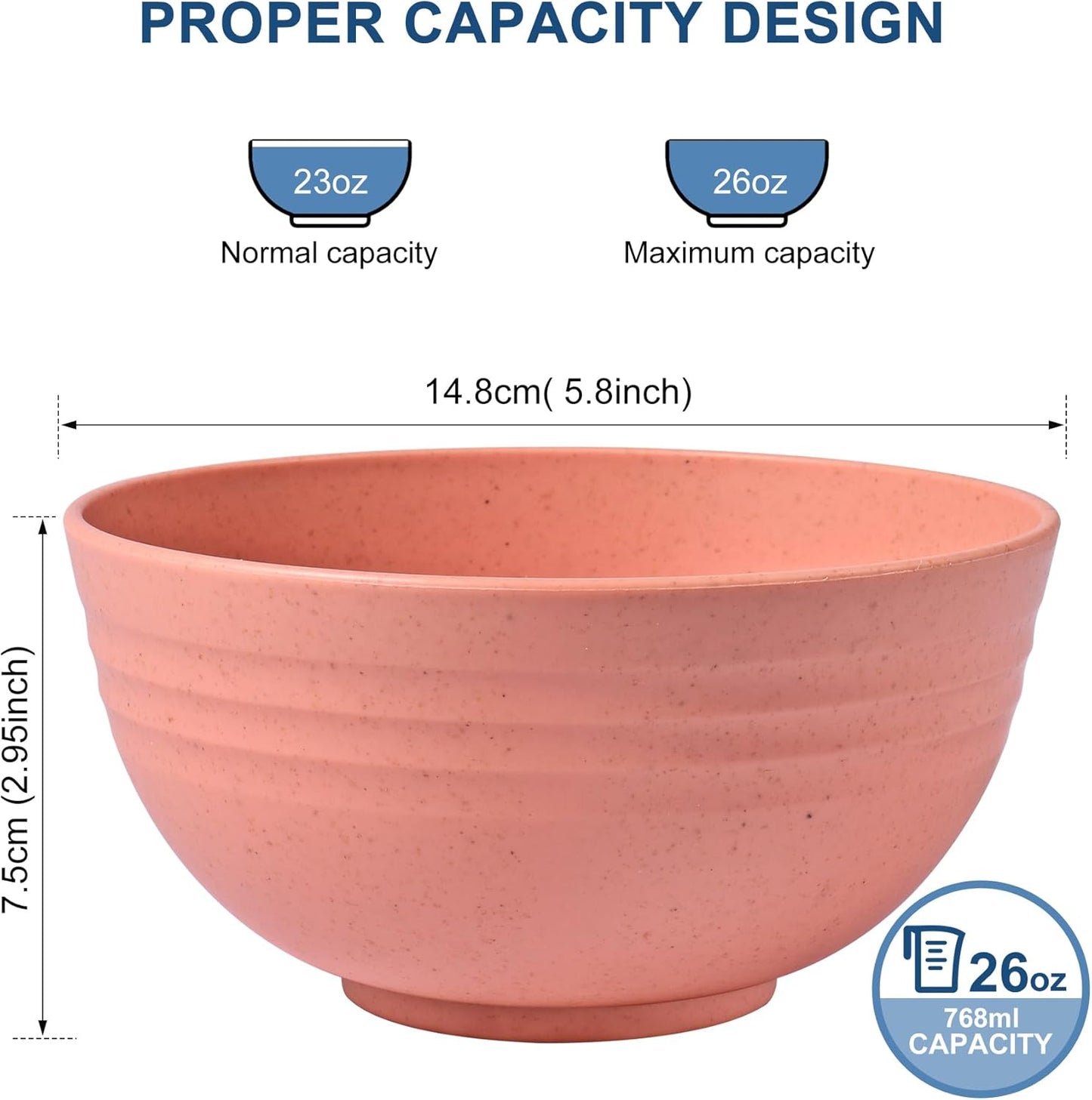 HOTEC BPA Free Unbreakable Wheat Straw Cereal Bowls - Microwave & Dishwasher Safe Soup and Salad Bowls, Set of 8, 26oz, Multicolor