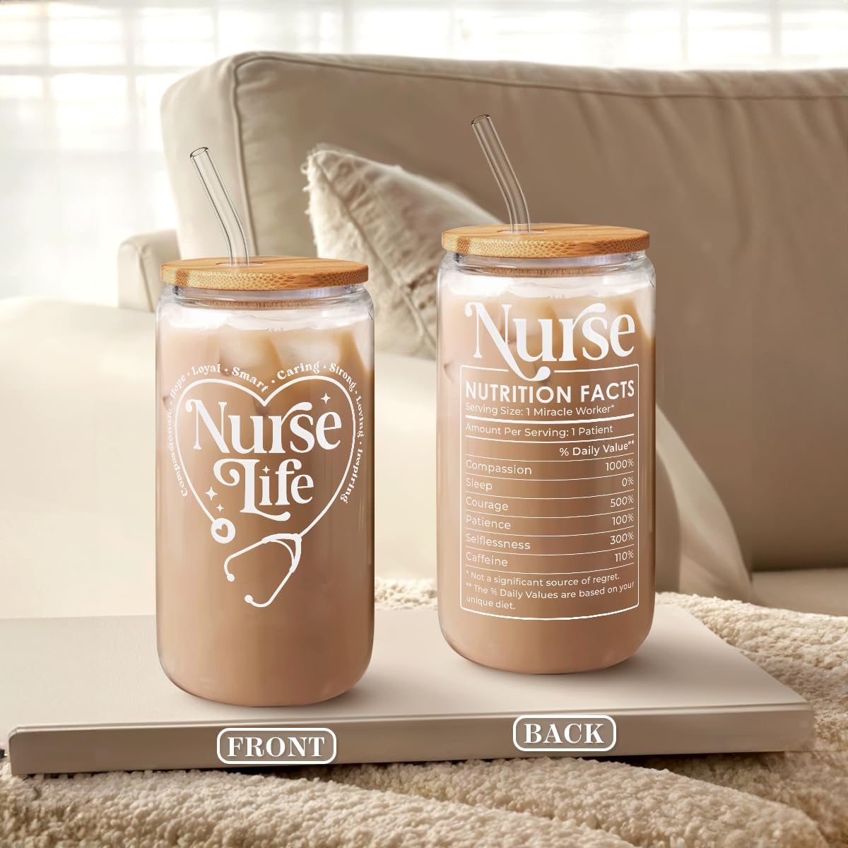 SANDJEST Nurse Life Glass Can Cup with Lid & Straw, Iced Coffee Aesthetic Cups, Idea Gift for Christmas Birthday Mother Day Nurse Week, Gifts for Women Friends, 16oz