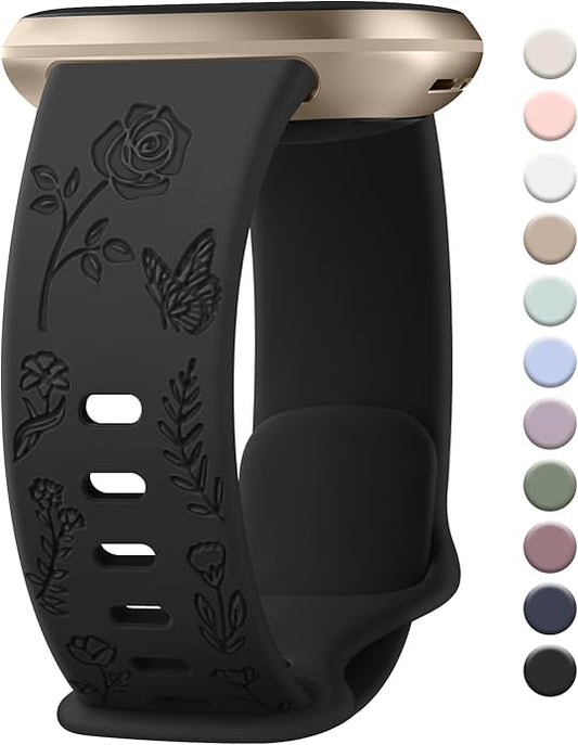 AK Floral Engraved Band Compatible with Fitbit Sense 2 / Sense Bands/Fitbit Versa 4 / Versa 3 Bands Women Men, Soft Sport Replacement Wristbands for Fitbit Sense 2 / Sense/Versa 4 / Versa 3 Smart Watch