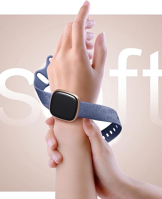 SNBLK 2 Pack Engraved Bands Only Compatible with Fitbit Versa 3/Fitbit Sense/Fitbit Versa 4/Fitbit Sense 2 Bands Four Models, Sunflower Rose Elegant Soft TPU Floral Pattern Replacement Strap Women