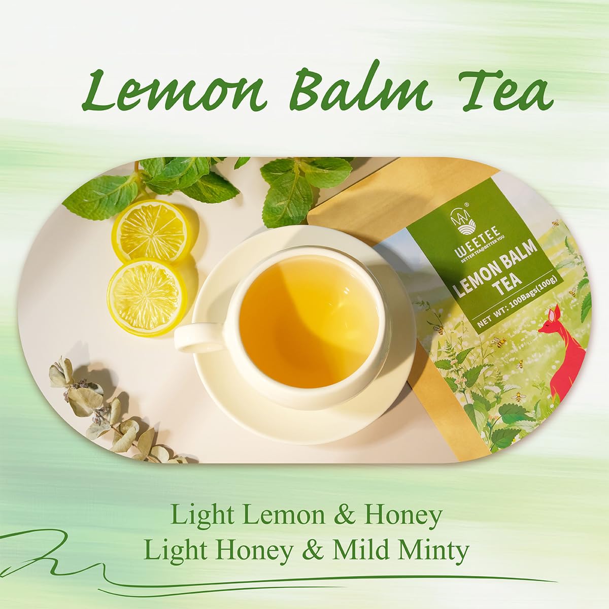 WT WEETEE Lemon Balm Tea Bags, 100 Count Pure Lemon Balm Leaves, Honey Scented with a Delicate Lemon Flavor, Caffeine-Free Herbal Tea