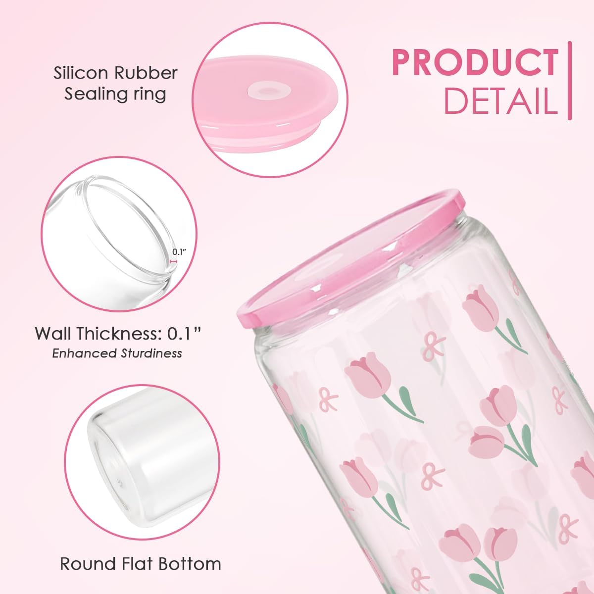 SANDJEST Floral Glass Can, Tulip Iced Coffee Aesthetic Cup, Gift for Christmas Birthday, Gifts for Women Girls, 16oz