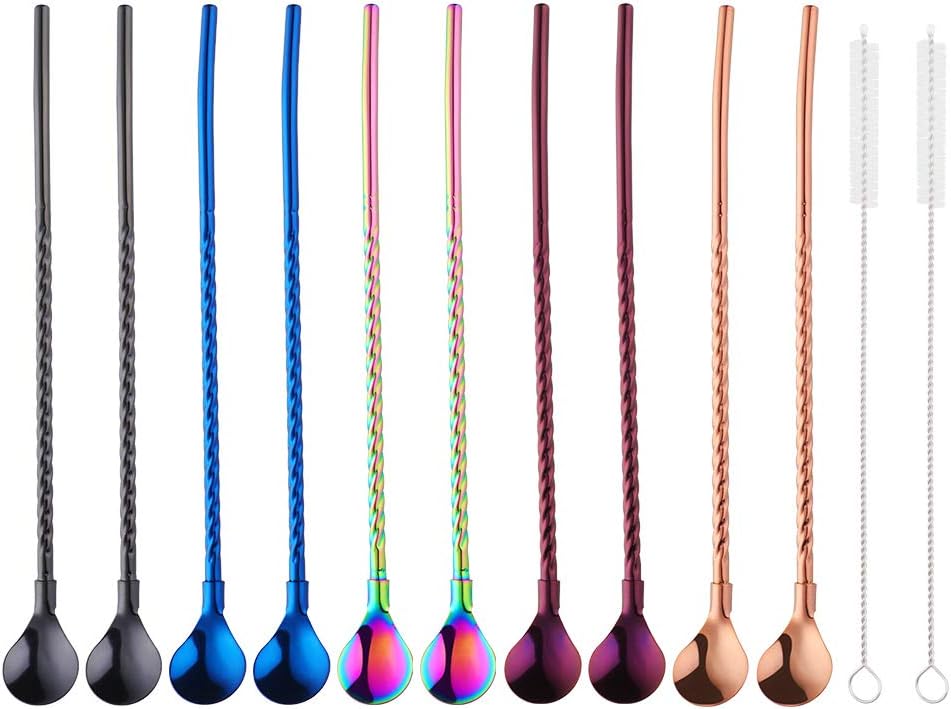 10 pcs Metal Straw Spoons with 2 Cleaning Brushes, Reusable Drinking Spoon Straws for Iced coffee, Iced tea, Milkshake, Cocktail, Smoothies (mix colors)
