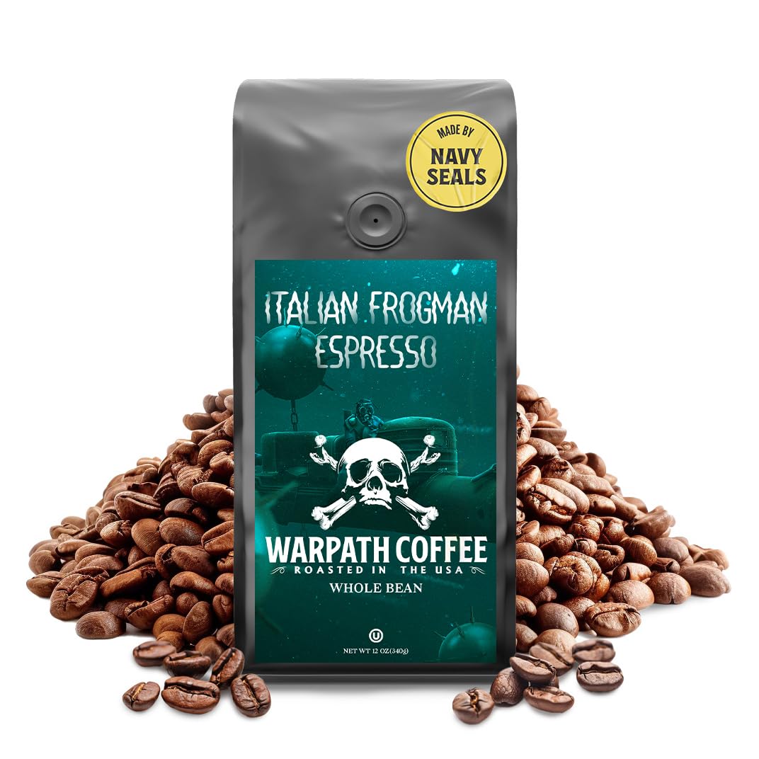 Warpath Coffee Whole Bean Coffee, Italian Frogman Espresso, High Caffeine, Strong Roasted 100% Arabica Coffee Whole Beans, Rich Aroma, Full Bodied Intense Cup, Created by Navy SEALs, 12oz
