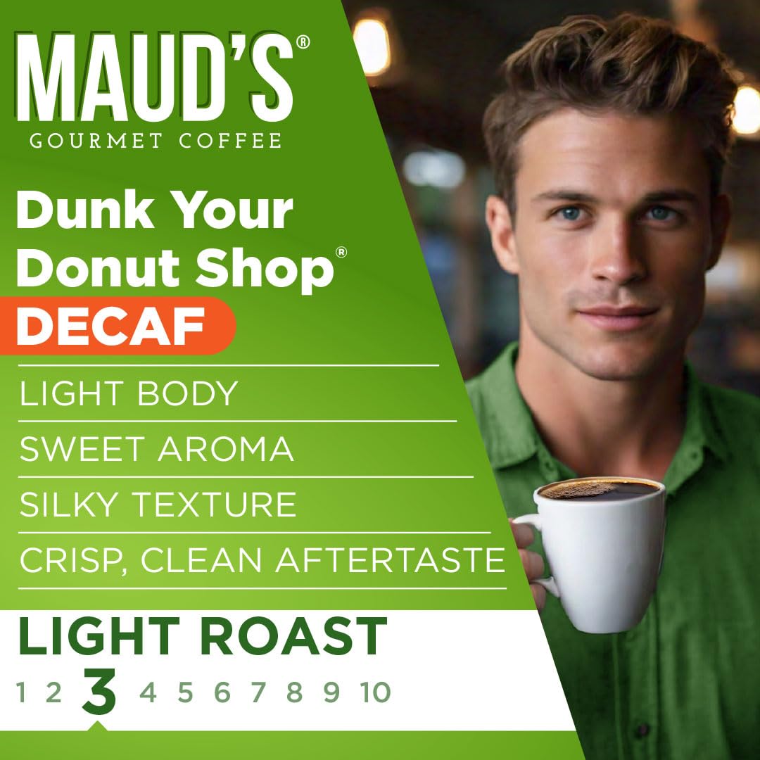 Maud's Decaf Donut Shop Coffee Pods, 100 ct, Decaffeinated Light Roast Coffee in Recyclable Single Serve Pods – 100% Arabica Beans, Compatible with Keurig K Cups Maker