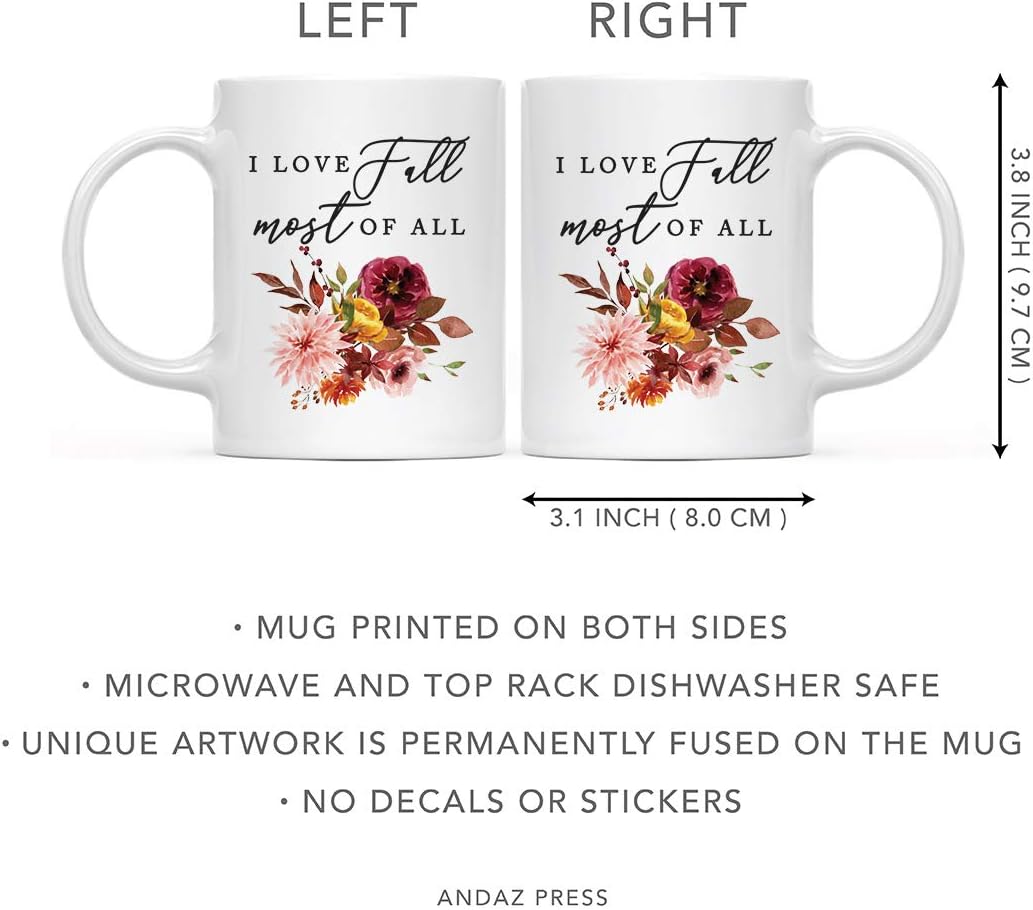 Andaz Press Fall Burgundy Marsala 11oz. Ceramic Coffee Tea Mug, I Love Fall Most Of All, 1-Pack, Floral Blooms Graphic, Friend, Family, Coworker, Autumn Season, Thanksgiving Ideas